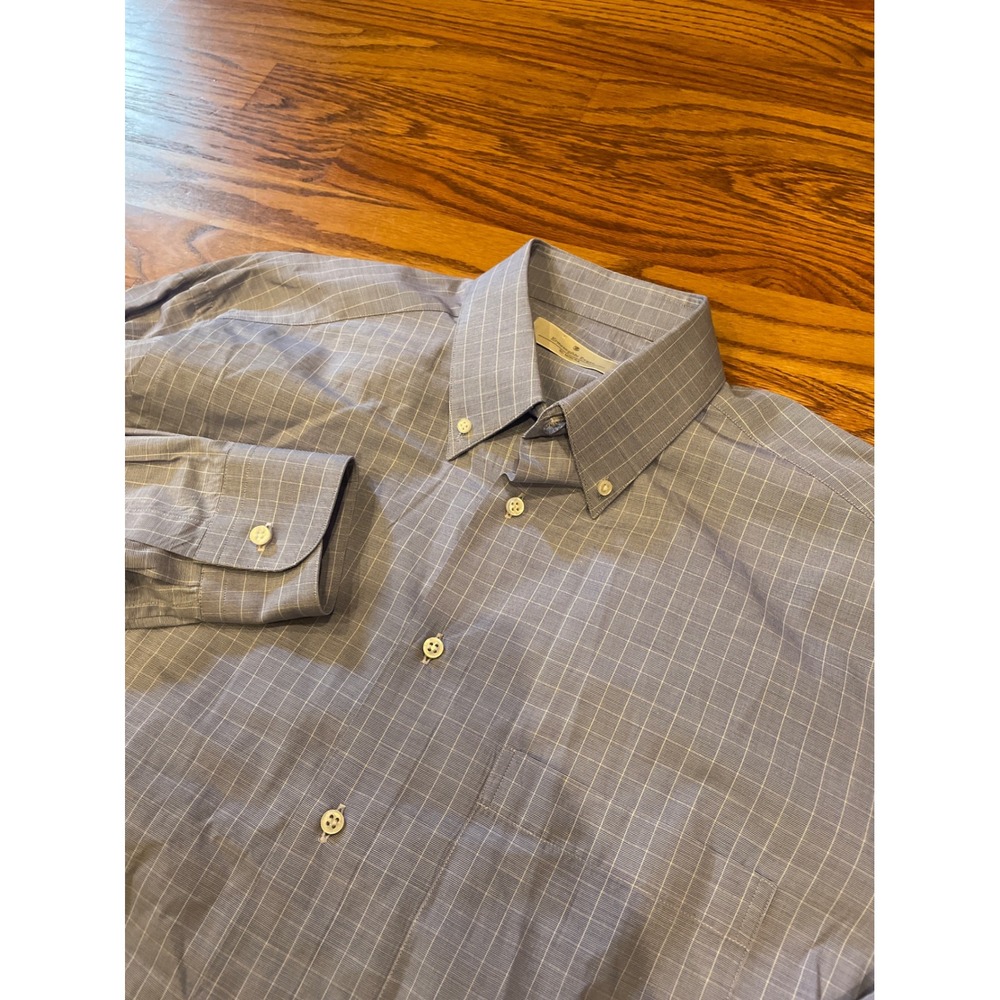Ermenegildo Zegna Mens Button Down Shirt Large Blue Su Misura Grid Pattern